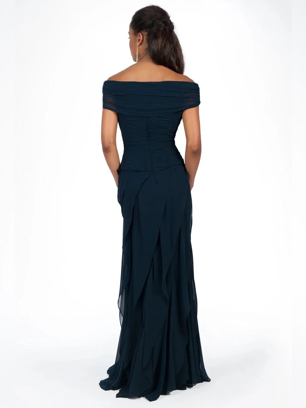 Tadashi Shoji Off-Shoulder Flounce Evening Gown Navy Blue Formal Wedding 8 NWT